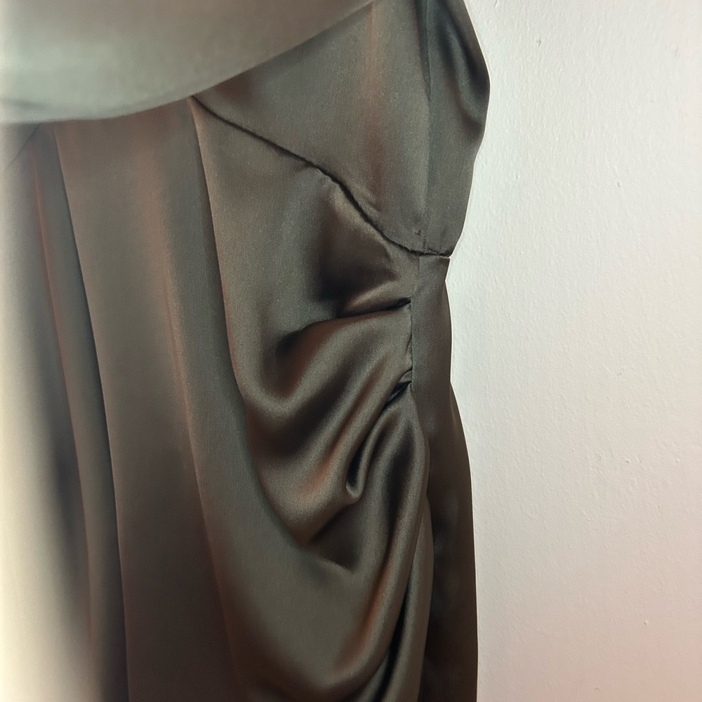 Zara Olive Satin Faux Wrap Long Sleeve Mini Dress - Picture 8 of 14